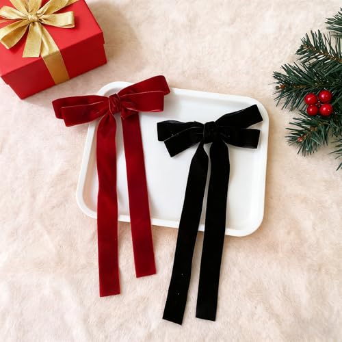 BluOcnMkt 2Pcs Velvet Hair Bow Clips with Long Tails for Women