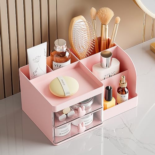LETURE Pink Makeup Storage Organizer with 2 Drawers for Vanity and Desk