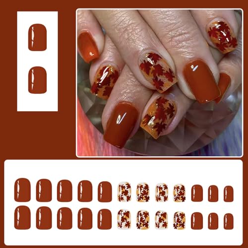Fall Press on Nails Short Square Maple Leaf Acrylic False Nails 24PCS