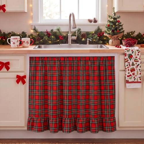 Christmas Red Plaid Cabinet Curtains with Ruffles - 35 x 35 Inches - VitalCozy Variation