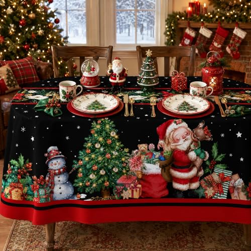 Christmas Tablecloth 60x84 Inch Oval Santa Snowman Poinsettia Vintage Polyester