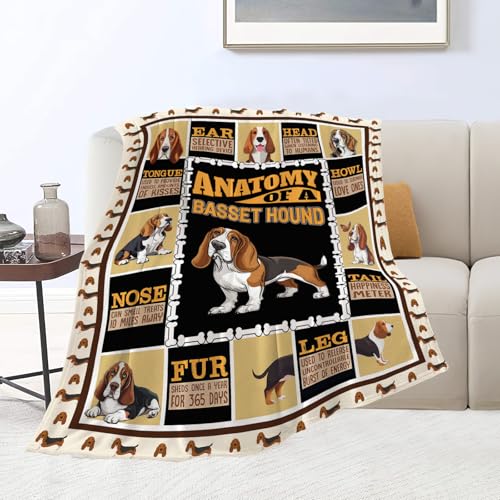 Basset Hound Throw Blanket - Soft Flannel Plush Dog Print, 50"x40"