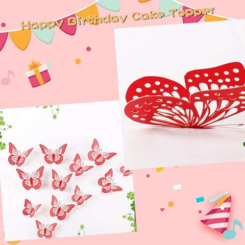 36Pcs 3D Red Butterfly Cake Toppers - Non-Edible Decoration for Parties
