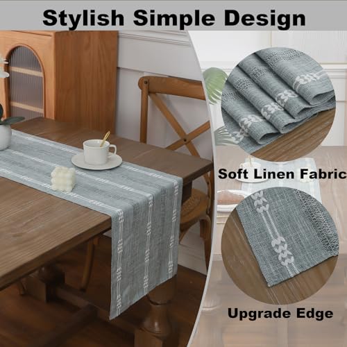 Gernaice Boho Table Runner Grey 13x72 Inch Embroidered Cotton Linen Farmhouse