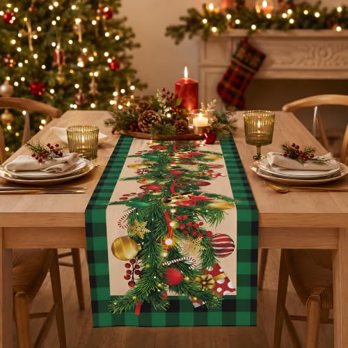 Christmas Ornament Bells Table Runner - Rustic Holiday Decor with Pine & Bells - 73x13 Inches
