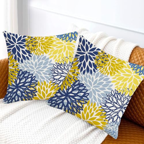 AWJTNCQ Dahlia 18x18 Inch Set of 2 Spring Floral Pillow Covers - Yellow & Blue Geometric Farmhouse Linen Outdoor Decor
