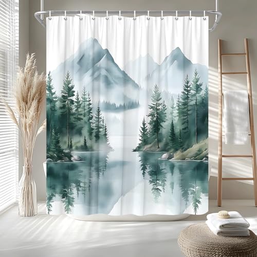 Green Misty Forest Mountain Shower Curtain - Watercolor Nature Design
