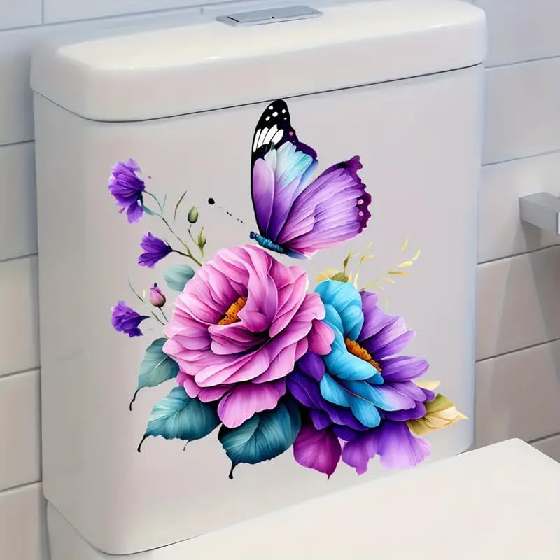 Butterfly and Floral Toilet Lid Decal - Waterproof Self-Adhesive Sticker