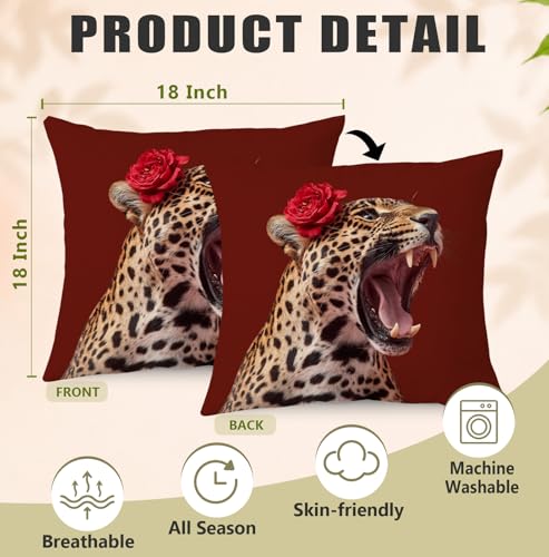 Red Floral Cheetah Throw Pillow Cover 18x18 Soft Flannelette Decorative