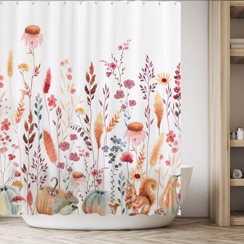 Funnytree Watercolor Fall Floral Shower Curtain, 72"x72" Boho Farmhouse
