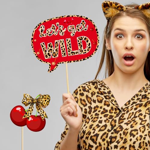 Cheetah and Cherry Photo Booth Props Kit – 16-Piece Birthday Party Decor
