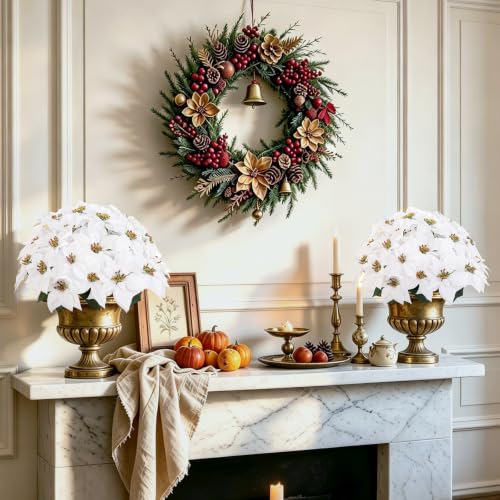 Artificial Poinsettia Flowers Christmas Decor 4PCS White Flocked Holiday Plants