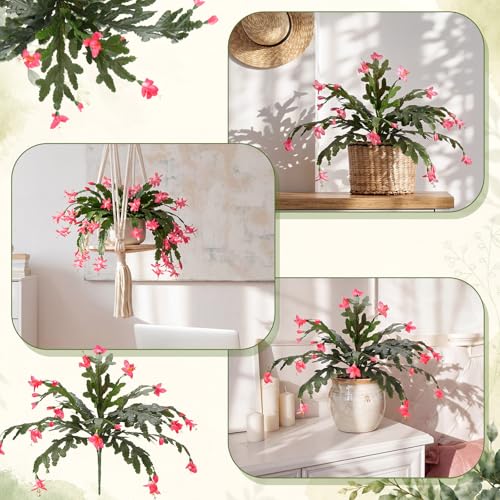 Artificial Christmas Cactus Plants - 4 Pink Silk Faux Flowers, 16 Leaves Variation