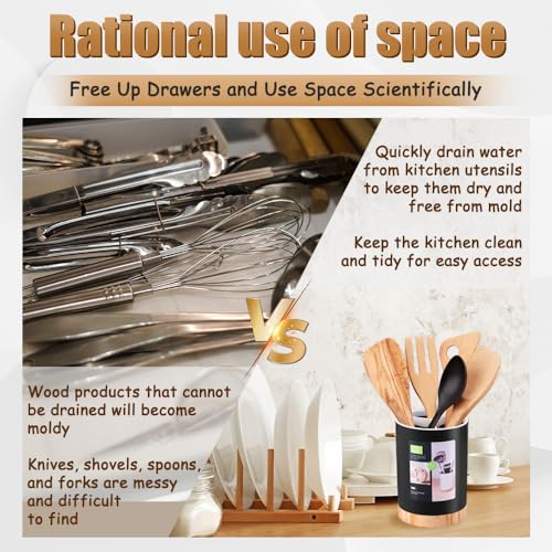 Kitchen Utensil Holder with Removable Divider and Wooden Drain Base
