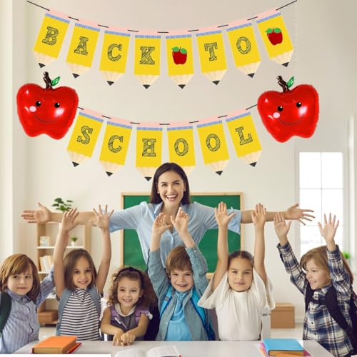 Back to School Pencil Banner with Apples Balloons Set