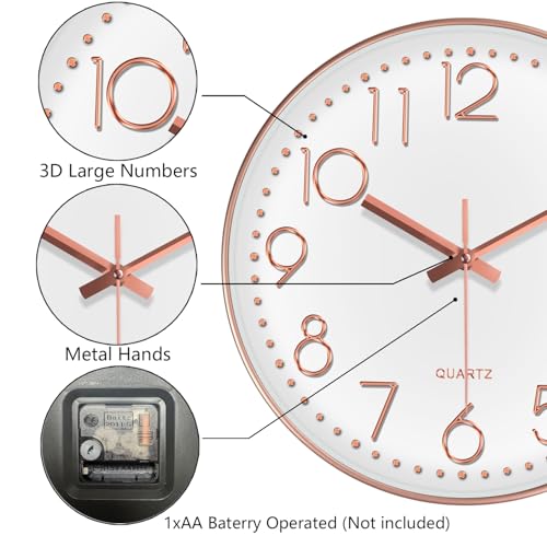 Rose Gold Silent Wall Clock 8 Inch - Non-Ticking Analog Design