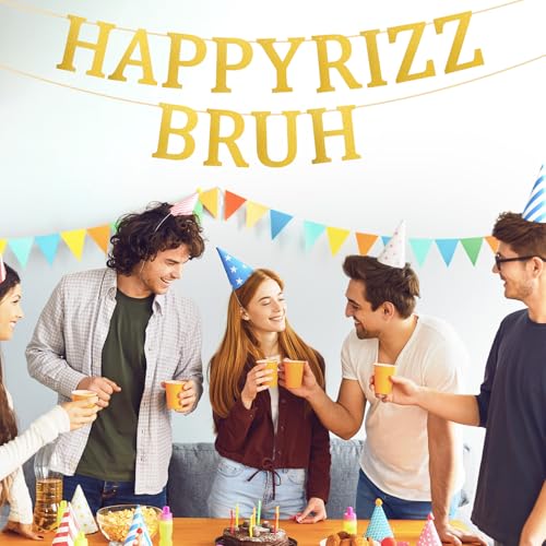 Happy Rizz Bruh Gold Glitter Birthday Banner - Pre-Strung Party Decor