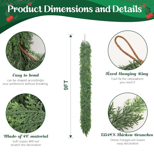 9ft Artificial Cedar Garland with Soft Thick Pine for Christmas Holiday Decor