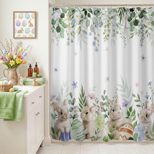 Lindameler Easter Bunny Shower Curtain - Waterproof Floral Design, 72x72