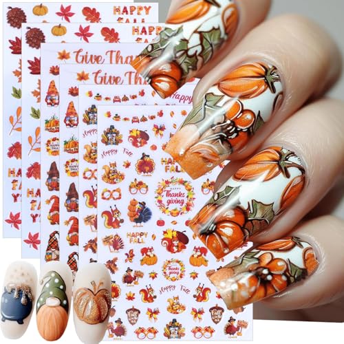 5D Embossed Thanksgiving Turkey Nail Stickers - 6 Sheets Fall Autumn Leaf Pumpkin Nail Decals Self-Adhesive Art Designs