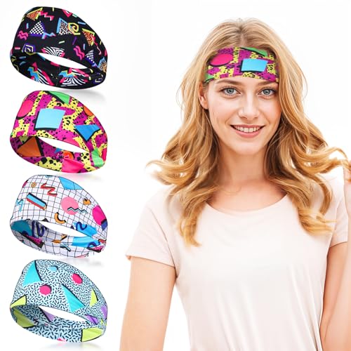 4 Pack 80s 90s Neon Vintage Headbands, Retro Soft Sport Sweatbands 90s Outfit Accessories for Women Men, Fashion Workout Hairband for Hip Hop Party Style Hiking Cycling Running