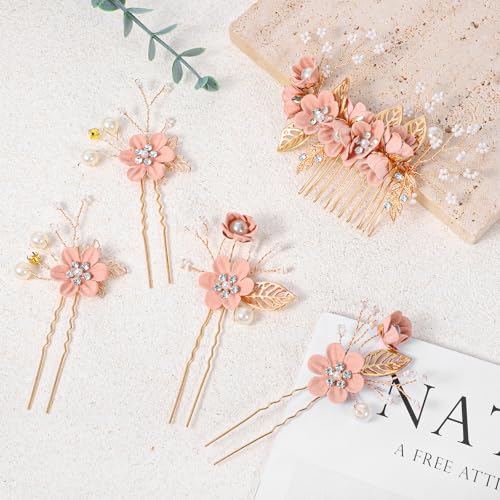 5-Piece Pink Bridal Hair Pins & Comb Set with Pearls and Rhinestones
