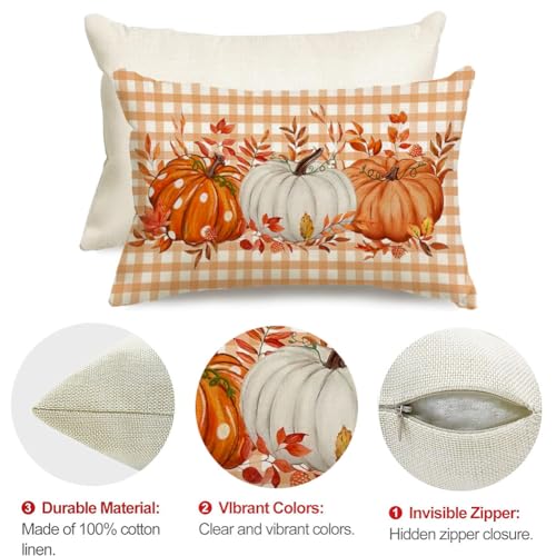 Fall Pillow Cover 12x20 Inch Orange Pumpkin Buffalo Plaid - ARGOOFG