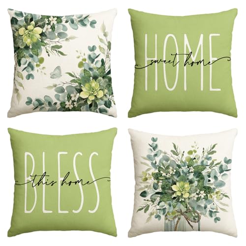 Eucalyptus Leaves Green Throw Pillow Covers - Set of 4, 18x18 Inch