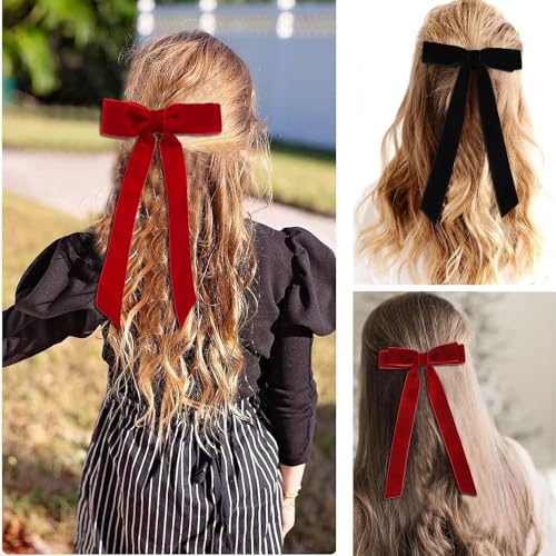Hipcheer Large Velvet Hair Bow Clips - 5 Inch Wine Red Bows, 2 Pack