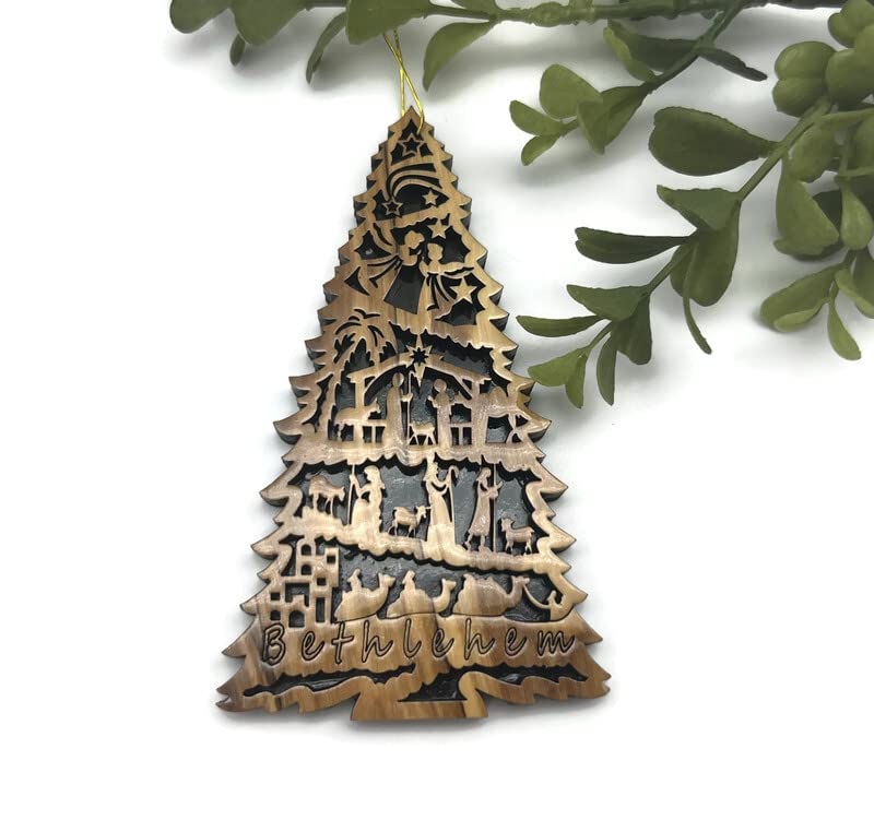Set of 3 4.75-Inch Olive Wood Nativity Christmas Ornaments - Holy Land Carved Religious Keepsakes
