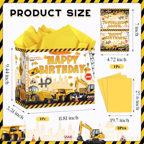 Large Yellow Dump Truck Birthday Gift Bag with Tissue Paper