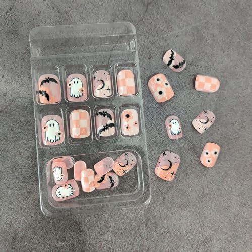 Halloween Press on Nails Short Square False Nails Ghost Bat Acrylic Kit