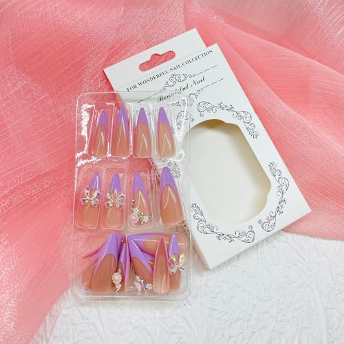 Long Stiletto Press on Nails 3D Bow Flower French Tip Fake Nails