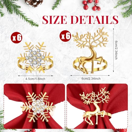 Christmas Napkin Rings Set - Elk & Snowflakes Metal Design, 24 Pieces