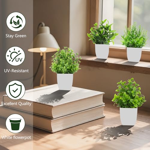 Mini Artificial Plants - Set of 4 Potted Faux Greenery for Home & Office Decor