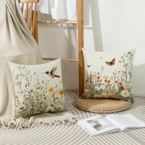 Wyooxoo Spring 18x18 Inch Set of 4 Farmhouse Floral Bird Pillow Covers for Sofa, Outdoor & Bedroom Decor