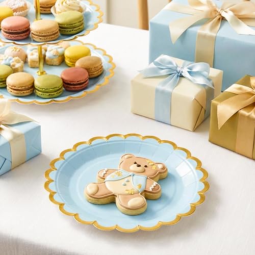 Blue Paper Plates with Gold Scalloped Rim - 7" | 50 Pack