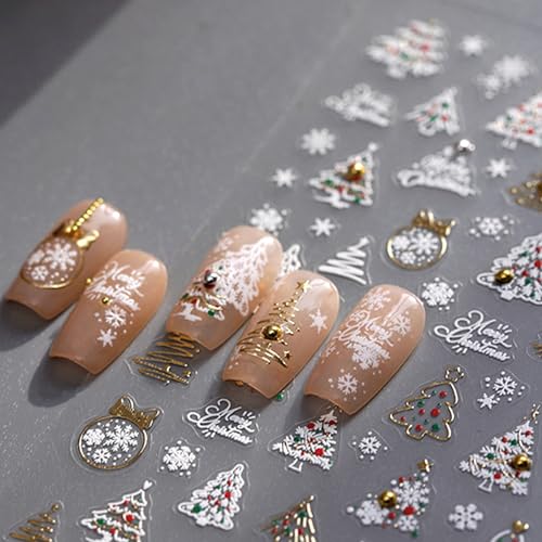 5D Embossed Christmas Nail Art Stickers White Gold Xmas Tree Decals