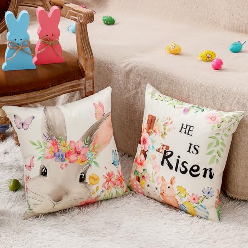8-Sided Easter Pillow Covers Set of 4 with Bunny Decor