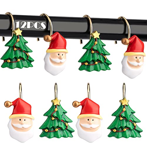 HELORAY Christmas Shower Curtain Hooks - Rust-Proof Metal Rings, Set of 12