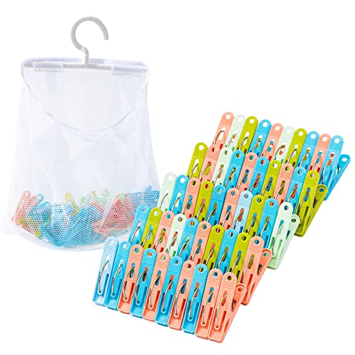 Heavy Duty Plastic Clothes Pins - 50 Pack with Mesh Bag for Laundry
