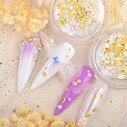 WEILUSI 4 Boxes Nail Art Rhinestones and Pearls Mix with Butterfly Charms