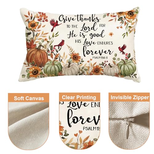 Fall Pumpkin Lumbar Pillow Cover 12x20" - Give Thanks to The Lord