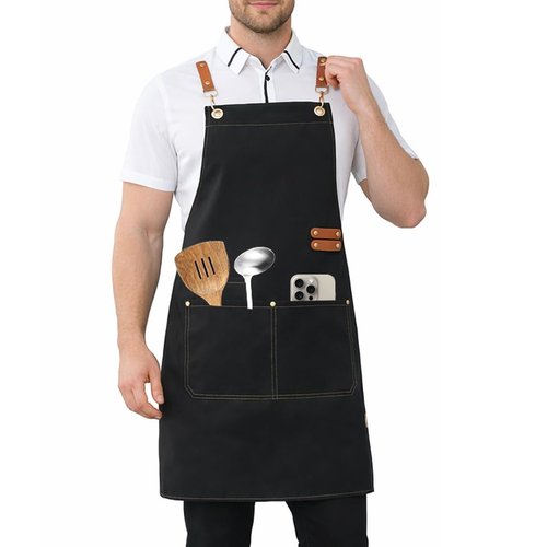 NALVIEVANA Kitchen Aprons Chef Apron for Men & Women, Black waterproof apron with 4 pockets，Adjustable Canvas Kitchen cooking Aprons for BBQ，Baking ，Coffee House& Restaurant.
