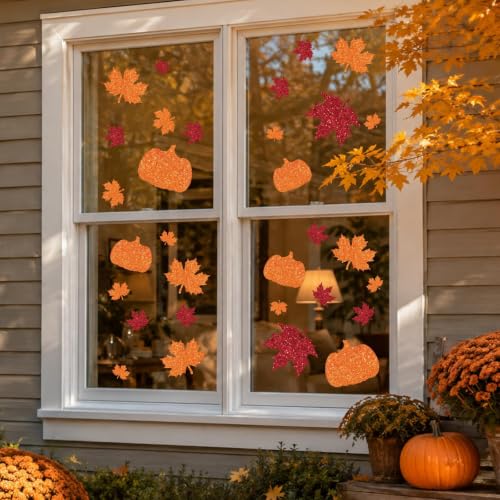 Glitter Fall Halloween Christmas Window Clings - 9 Sheets Decorative Holiday Stickers