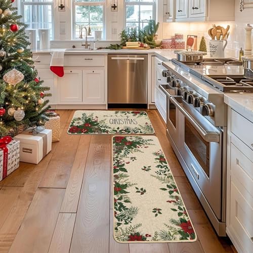Christmas Kitchen Rugs Set of 2 - Holly Berry Poinsettia Burlap Mats, 17x29 & 17x47 Inches