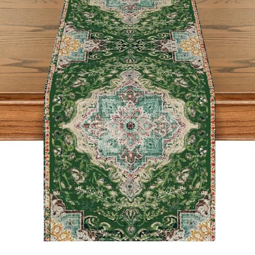 Green Boho Table Runner 13x72 Inch - Rustic Farmhouse Holiday Decor