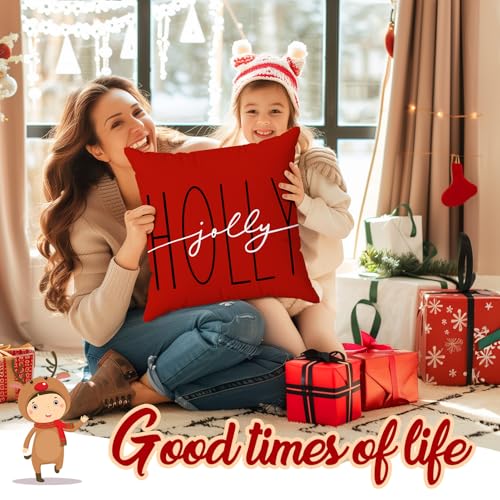 Brightown Christmas Pillow Covers 18x18 Set of 4, Red Holiday Throw Cushions