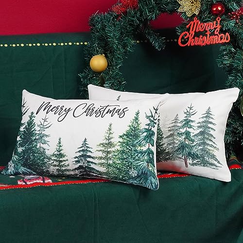 ONWAY Christmas Tree Throw Pillow Covers, 12x20 Lumbar Cushion Cases, Set of 2