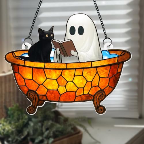 Halloween Ghost Cat Sun Catcher - Stained Glass Window Decor for Halloween & Gothic Home Accent